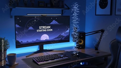 Lo-fi gaming stream setup with blue lighting and 'starting soon' overlay.