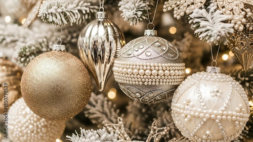 Elegant close-up of golden and silver Christmas ornaments on a festive tree.