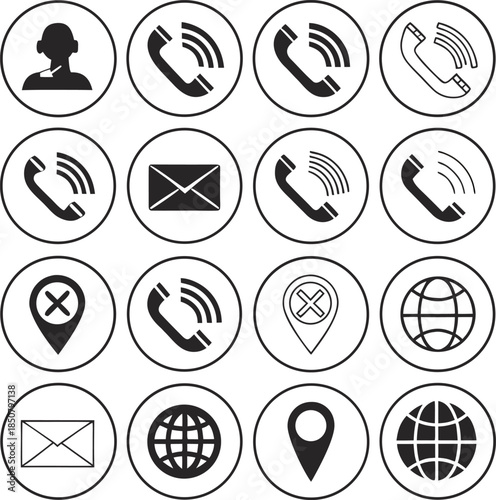 Collection of black and white communication icons for business and technology