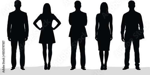 Business people silhouettes standing in a row, male and female professional figures, modern vector illustration for corporate, teamwork, leadership and office concepts
