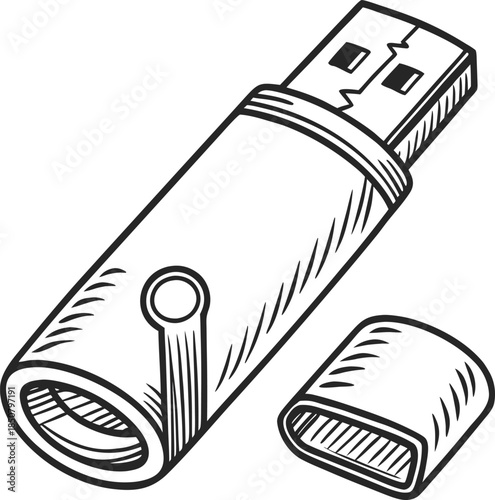 Detailed illustration of a USB flash drive and its cap