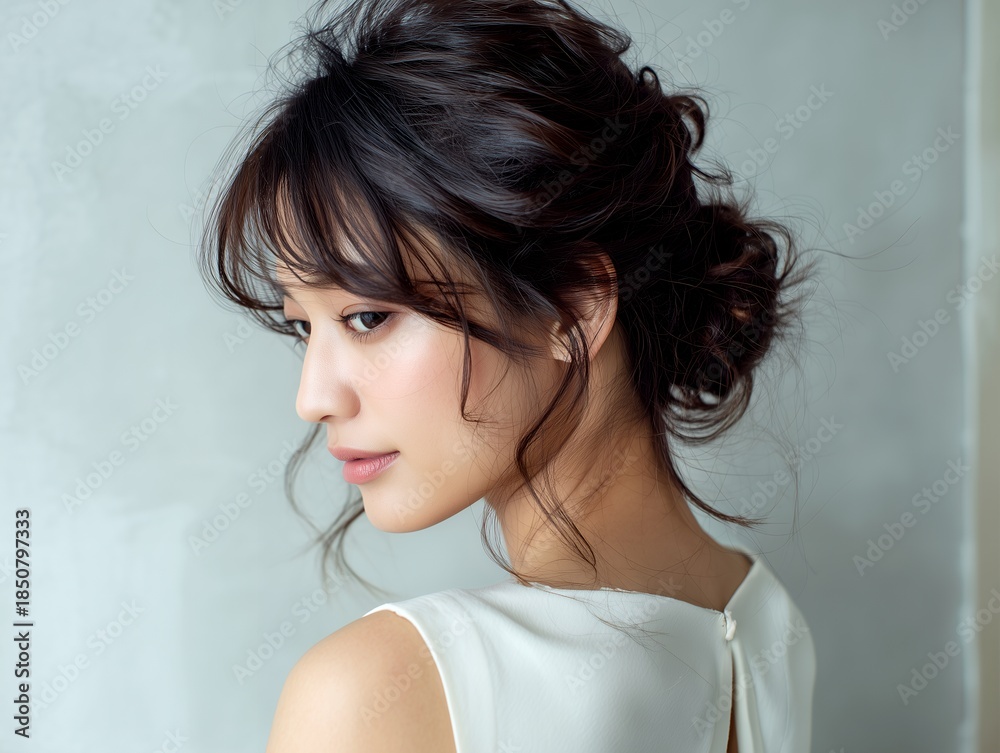 Fototapeta premium 横顔が美しく映える上品なヘアアレンジの日本人女性が落ち着いた雰囲気を漂わせるポートレート