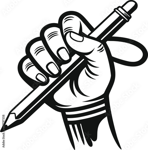 Hand holding pencil in dynamic drawing position for creative projects