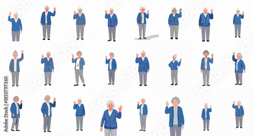 Various vector illustrations of senior women and grandmothers in blue cardigans waving hello, isolated on white background.