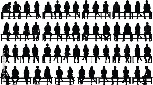 Crowd of people silhouettes sitting on benches in rows, audience waiting concept, modern vector illustration for public space, society and community themes