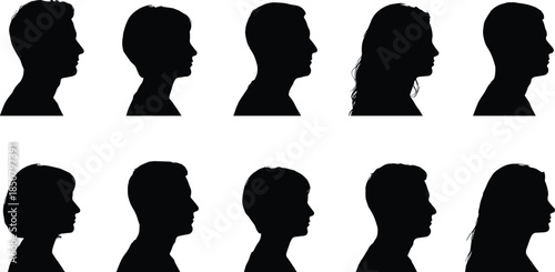 Collection of male and female head profile silhouettes in side view, human face shapes, clean vector illustration for identity and avatar design