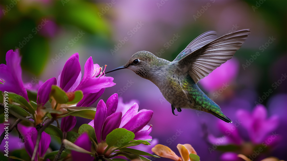 Obraz premium Hummingbird drinking nectar from blossoms, scattered petals, gentle sunlight, serene wildlife scene, nature photography, spring beauty, with copy space