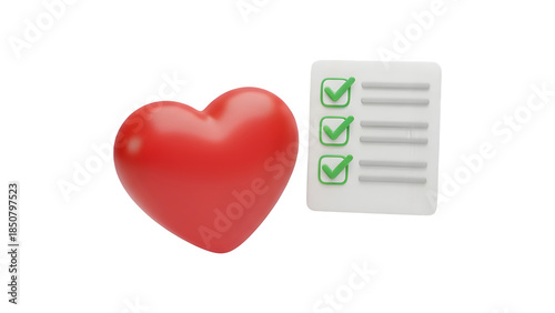 3D Heart with Medical Checklist Healthcare and Insurance Concept