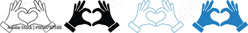 Heart shape hand gesture icons in outline and solid styles, love and care symbol vector set for charity, romance and social media design
