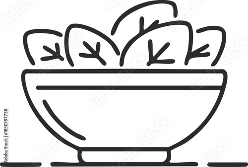  A minimalist black line icon of a salad bowl, thin outline, editable stroke,