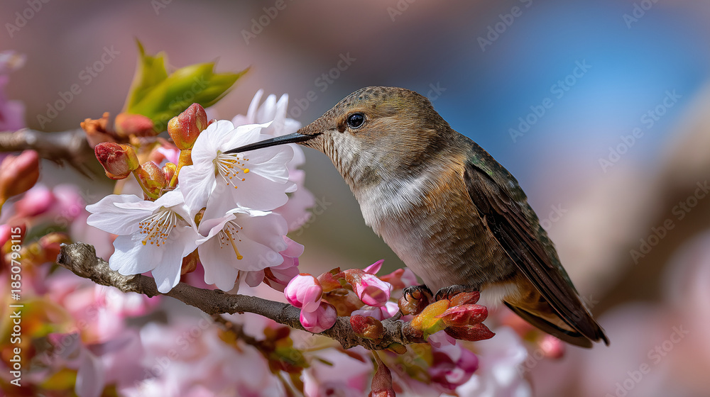 Obraz premium Hummingbird sipping nectar from blossoms, scattered petals, gentle sunlight, serene nature photography, wildlife moment, spring scene, with copy space