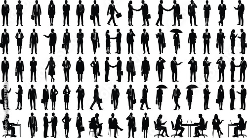 Large collection of business people silhouettes in various actions, walking, talking, handshaking and working, versatile vector set for corporate, office and professional design