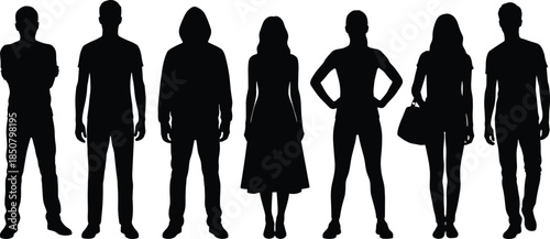Large crowd of people silhouettes in standing and interacting poses, human group vector illustration for community, society, teamwork and social concepts
