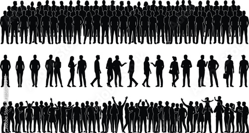 Large crowd of people silhouettes in standing and interacting poses, human group vector illustration for community, society, teamwork and social concepts