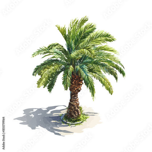 Artistic isometric watercolor image of Date Palm Tree, isolated on a white surface.
