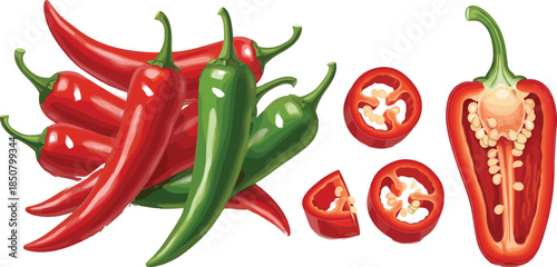 Set of detailed red and green chili peppers, whole and sliced with visible seeds, vector illustration for spicy food, Mexican cuisine, hot sauce, and cooking ingredient design.