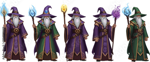 Set of five fantasy wizard character illustrations, featuring long white beard, magic staff with glowing flame, colorful robes, and pointed hat, for video game assets and RPG design.
