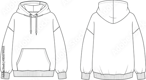 Classic pullover hoodie technical fashion sketch, front back view casual sweatshirt apparel design template, cad drawing flat vector illustration