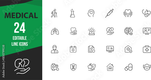 Medical Line Icons Set of 24 – Healthcare, Hospital, Doctor, Patient Care and Medicine Outline Symbols