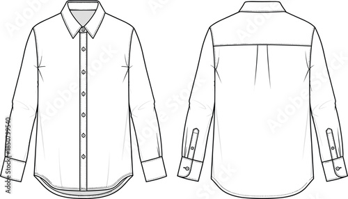 Classic long sleeve button shirt technical fashion sketch, front back view menswear apparel design template, cad drawing flat vector illustration