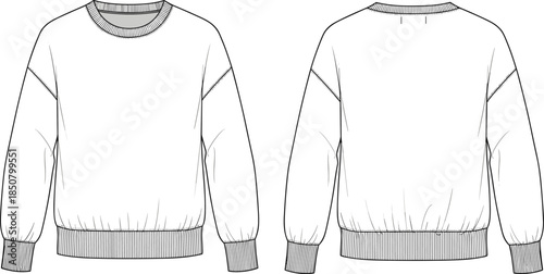 Crew neck sweatshirt technical fashion sketch, front back view casual pullover apparel design template, cad drawing flat vector illustration