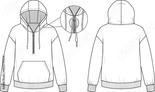 Half zip pullover hoodie technical fashion sketch, front back view detail callout apparel design, cad drawing flat vector illustration