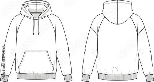 Hooded sweatshirt technical fashion sketch, front back view hoodie apparel design template, cad drawing flat vector illustration