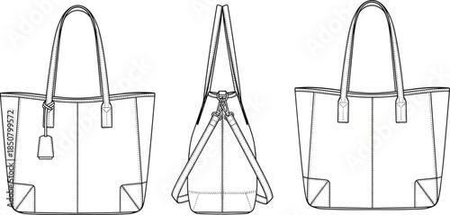 Handbag technical sketch, fashion accessory blueprint, CAD drawing flat vector illustration, front side back view, stitching seam detail
