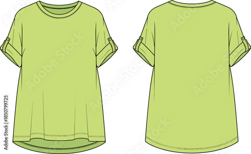 Women short sleeve tunic t shirt technical fashion sketch, front back view apparel design, cad drawing flat vector illustration template