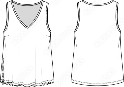 Women sleeveless tank top technical fashion sketch, front back view apparel design template, cad drawing flat vector illustration