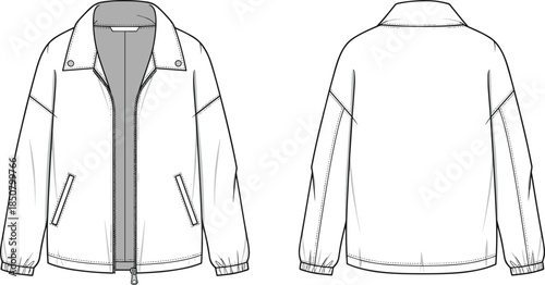 Zip front jacket technical fashion sketch, front back view collared outerwear apparel design template, cad drawing flat vector illustration