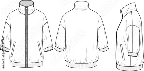 Zip up bomber jacket technical fashion sketch, front back side view outerwear design template, cad drawing flat vector illustration