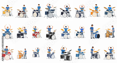 A collection of various male drummers playing different colored drum sets in diverse action poses, isolated vector illustrations for music and band concepts.