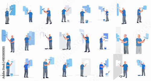 Elderly man painting wall using a roller set: a collection of flat vector illustrations depicting home improvement, renovation, and DIY activities.