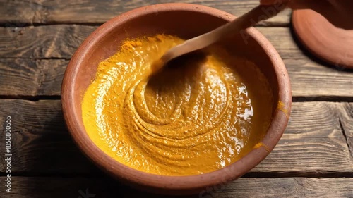 Golden turmeric powder being mixed with water into a vibrant paste in a rustic clay bowl, ready for culinary use.