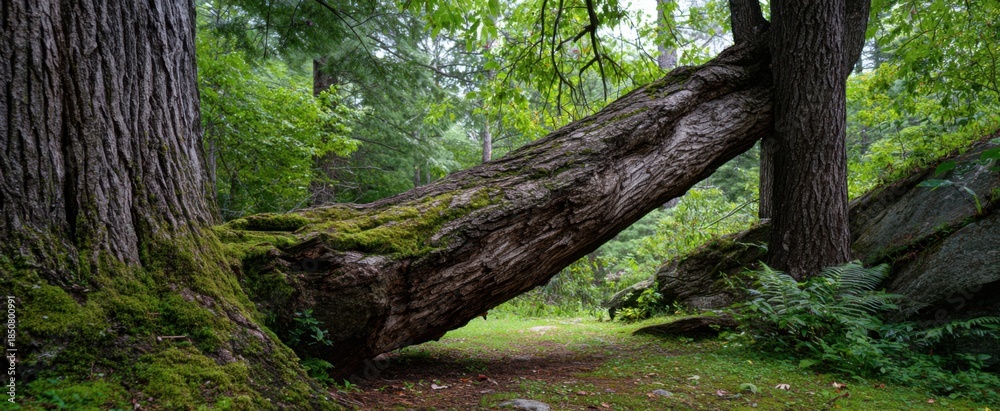 Fototapeta premium A large tree trunk rests diagonally against a neighboring tree in nature.