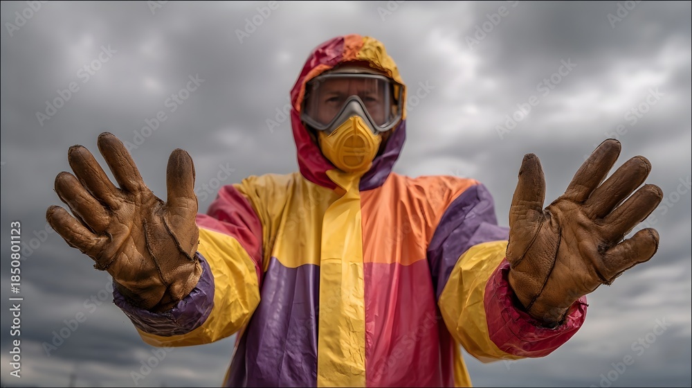 Fototapeta premium A person in a colorful protective suit and gas mask extends gloved hands forward against a stormy overcast sky