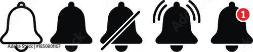 Notification bell icon set including ringing silent with alert and regular designs for user interface messages on transparent background a maximum 200 characters