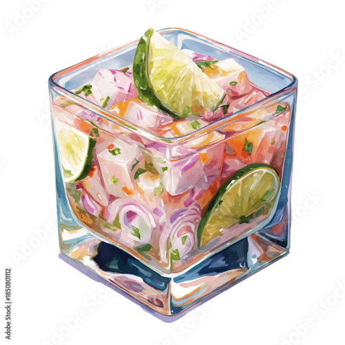 Artistic isometric watercolor image of Ceviche, isolated on a white surface.