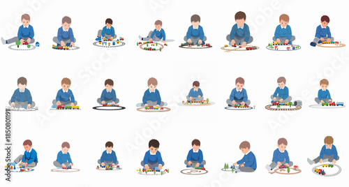 Seamless collection of 24 illustrations featuring toddlers and young boys playing with colorful miniature toy train sets and tracks, isolated vector on white.