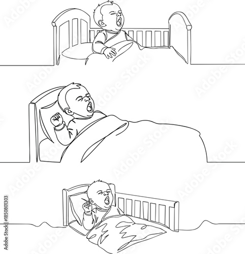 Line drawing of children sleeping in beds at night with one child yawning and holding a teddy bear on a transparent background