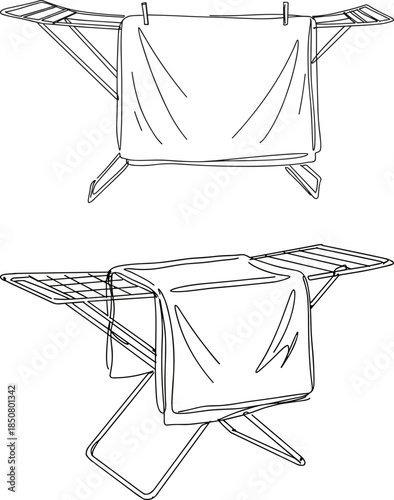 Line drawing of a clothes drying rack with a towel hanging in a home indoor setting on a transparent background emphasizing simple and minimalistic design