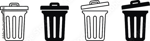 Set of Four Trash Cans Illustrations in Different Styles with Lids Clean Minimalist Icons for Waste Management Composting Recycling Symbol for Sustainability and Organization