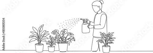 Line drawing of a person watering indoor plants in a pot with a spray bottle on a transparent background