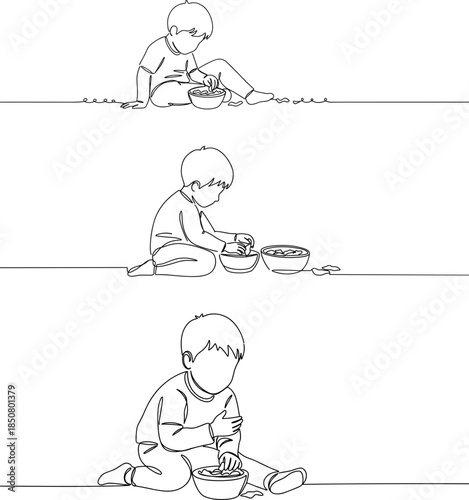 Line drawing of a young boy mixing food in a bowl while sitting on the floor, engaged in creative play, on a transparent background
