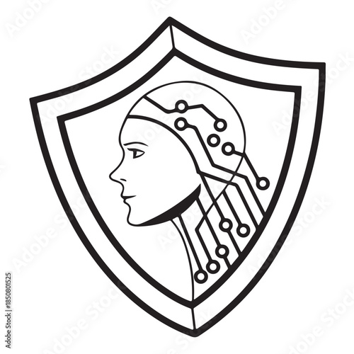 Womans Face with Circuit Board Hair in Minimalist Line Art Style with Black and White Color Scheme on Shield Icon for Cybersecurity Logo