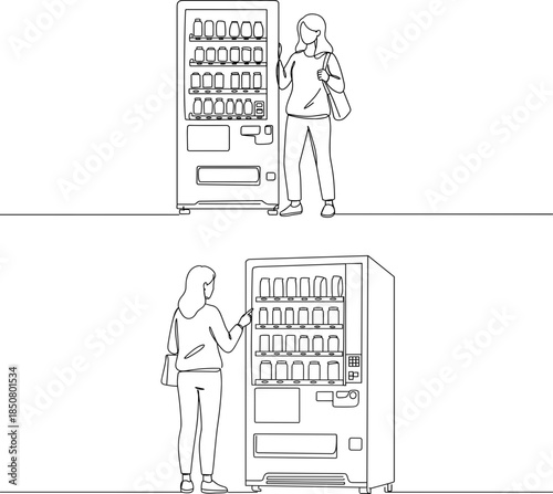 Line drawing of a woman selecting a drink from a vending machine on a transparent background with clear details and emphasis on the action of purchasing refreshments