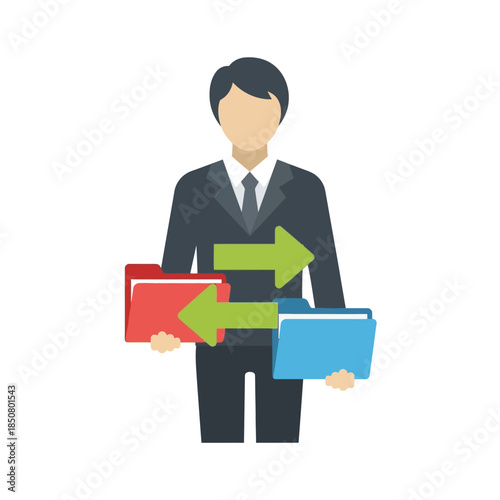 Data transfer concept icon illustration, showing a businessman exchanging files between red and blue folders using bidirectional green arrows, representing synchronization and sharing