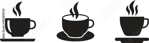 Set of three cup with steam for hot beverage isolated on transparent background in vector illustration with mug for cafe and restaurant icons