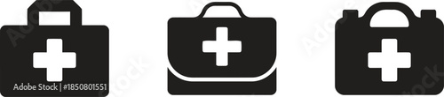 Set of three first aid kit bag with medical cross for emergency assistance isolated on transparent background in vector illustration with safety and care icons